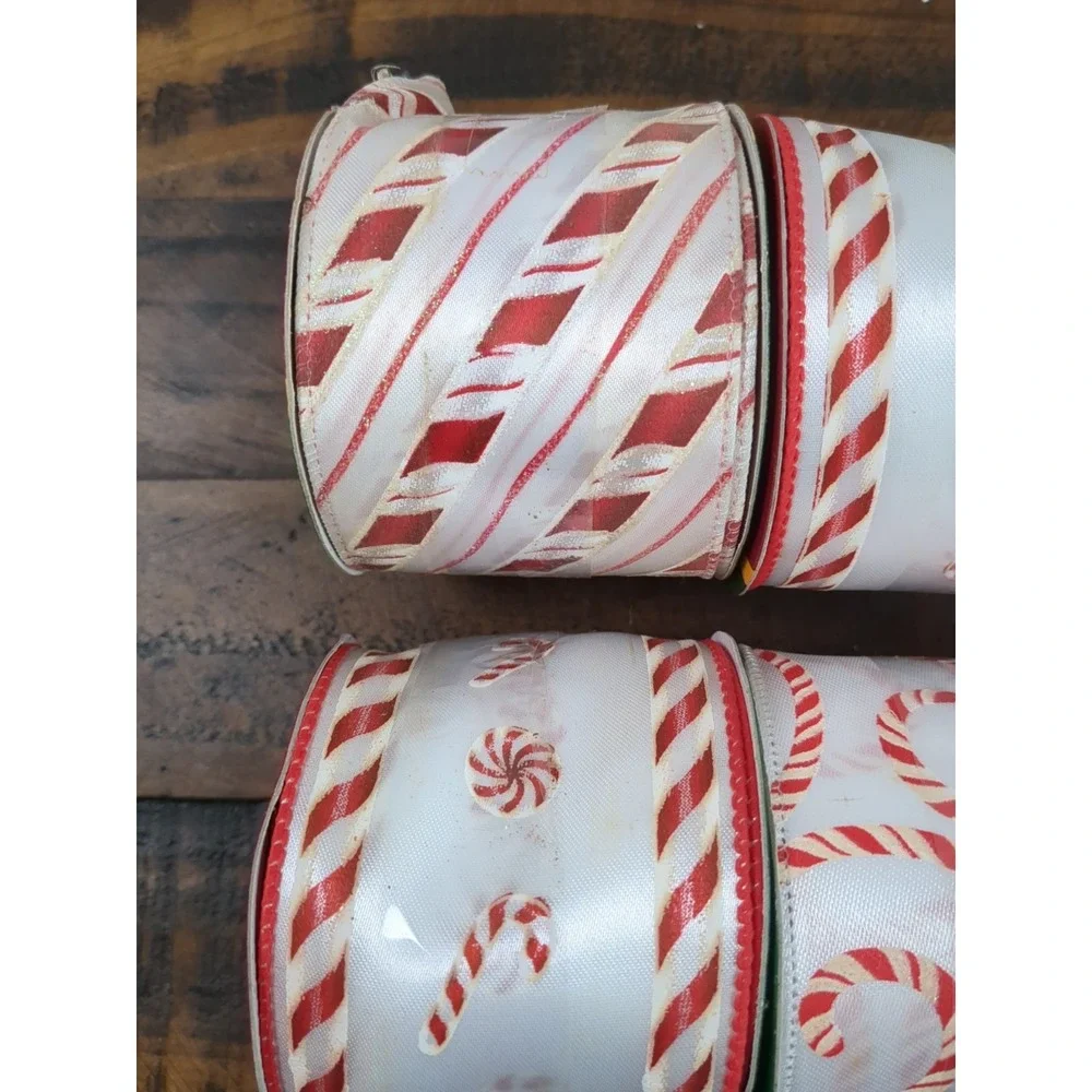 Lot Of 6 Rolls Of Candy‎ Cane Ribbon, Wired, Un-Wired, white, red